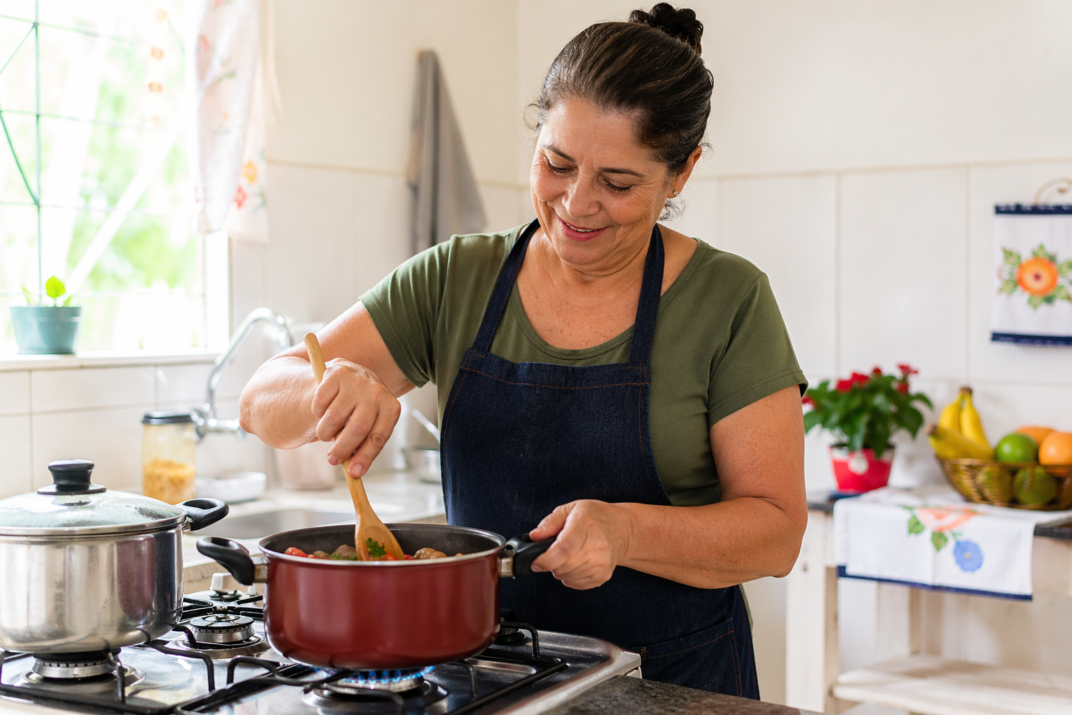 Mulher cozinhando em uma cozinha usando fogão a gás para preparar uma refeição